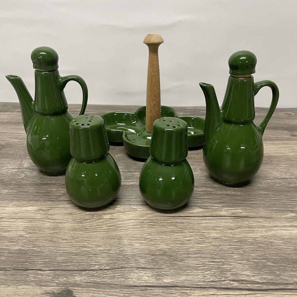 Sao Paulo Brasil Cruet Set Ceramic Green Brazil Flag 5 Piece Caddy - Picture 6 of 16